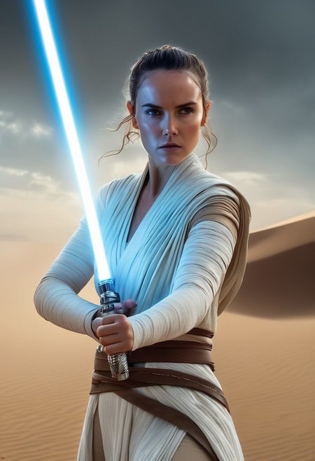 cinematic film still of  <lora:star wars style:1.5>
full-body portrait of Rey Skywalker from Star Wars, wearing her iconic white scavenger outfit with leather accessories, standing heroically, holding her blue lightsaber with both hands in front of her, determined and focused expression, detailed cloth textures flowing slightly in the wind, desert-like background or ancient Jedi ruins, cinematic lighting, dramatic atmosphere, photorealistic skin and costume details, glowing lightsaber casting soft blue light on her hands and face, 4k ultra high-resolution, masterpiece, trending on ArtStation, dynamic yet calm pose, realistic depth of field, intricate costume details, (epic heroic portrait:1.3), (cinematic lighting:1.2)