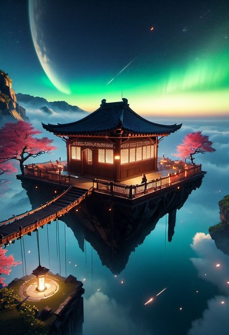 WLOP art style, unreal engine 5 style, outdoors, The island floating in the air, sky gate,  human, bulding night, meteor star aurora , (low light), top-down view, firefly -ar 9:16, high saturation, high contract