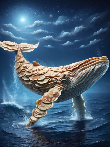 A serene ais-pncks whale breaching the ocean surface under a starry night sky <lora:ais-pncks-sdxl:1>
