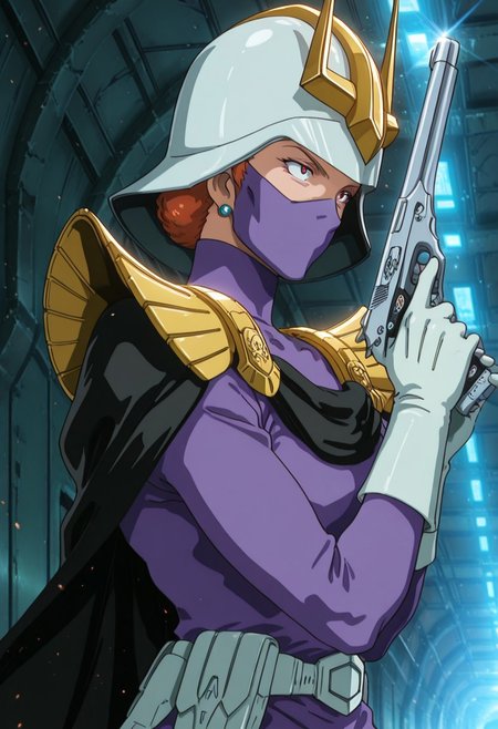 masterpiece, best quality, 32k, high resolution, absurdres , (anime coloring:0.7) ,retro artstyle, 1990s
1girl, solo, GOKycilia, 1girl, orange hair, helmet, (mask, ninja mask), red eyes, earrings,
purple military uniform, white belt, cape, capelet, white gloves,
dynamic pose, fighting stance, holding gun, shooting, foreground focus, depth of field, dynamic perspective, side shot, upper body
indoors, spaceship, hallway, under fire, neon lights, space in background, battle in space
motion lines, from both sides, light particles, dynamic angle,  cinematic angle, various angles, detailed background, beautiful background, (rays light:1.0),(grow:1.0) vivid colors, shiny and glossy, anime style, high-res, beautiful aesthetic, very intricate, high-quality details, vibrant,