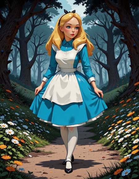 <lora:gc_vintage:1> vintage <lora:Fancha_style_v.5:1> Fancha style <lora:Alice_In_Wonderland_Alice_-_000020:1> d-alice, Golden blond hair, piercing crystal blue eyes