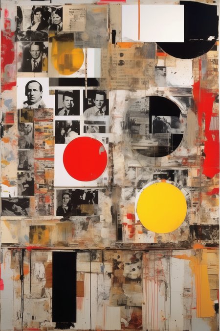 <lora:Robert Rauschenberg Style:1>Robert Rauschenberg Style - Picture an art piece that embodies Rauschenberg's unique style. The canvas is filled with a chaotic collage of black and white photographic images transferred onto the surface, interspersed with vibrant splashes of paint. This piece exemplifies Rauschenberg's pioneering approach to mixing traditional art mediums with modern reproduction techniques.