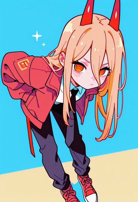 score_9, score_8_up, score_7_up, score_6_up, masterpiece, best quality, newest, absurdres, highres, traditional media, 1girl, black necktie, necktie, solo, long hair, horns, red eyes, shirt, jacket, white shirt, pants, black pants, red footwear, collared shirt, shoes, blonde hair, blue background, simple background, power \(chainsaw man\), hands in pockets, facing viewer, looking at viewer, ringed eyes, leaning forward, close-up, red jacket, from above, upturned eyes,
 <lora:murata_ill_v2:1>, close-up,portrait, eye focus, Colorful themes,High Saturation, haiz_ai, no lineart,no outline, <lora:ponyv6_noobE11_2_adamW-000017:0.3> <lora:MeMaXL4:0.8> <lora:veluflora-wai:0.35> <lora:haiz_ai_illu:0.7>