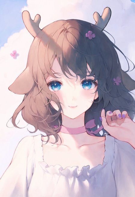 <lora:match2_noob1.1-000190:1>,
1girl, solo, horns, antlers, blue eyes, looking at viewer, smile, collarbone, nail polish, ribbon, white dress, purple nails, choker, medium hair, dress, animal ears, brown hair, flower, upper body, closed mouth, cloud, sky, deer ears, pink ribbon, short hair, shirt,
masterpiece,best quality,newest,absurdres,highres,very awa,