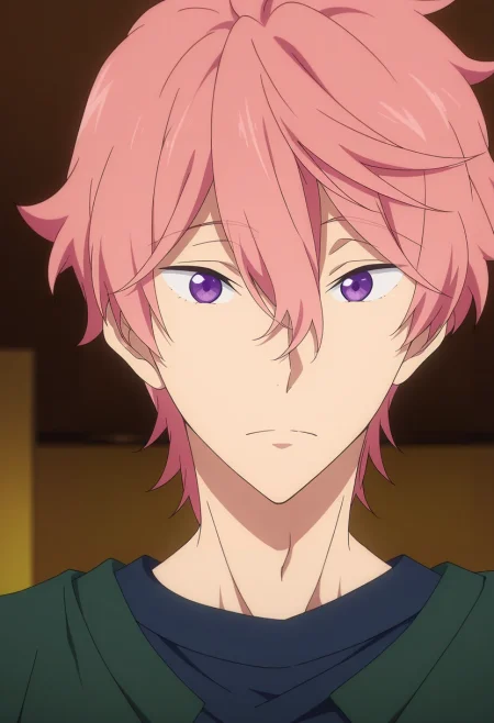 masterpiece, best quality, , anime screencap, anime coloring, official style, looking at viewer, 1boy, solo, male focus, <lora:kisumi_shigino_ilxl:0.96>, kisumi_shigino, pink hair, purple eyes, hair between eyes, ,