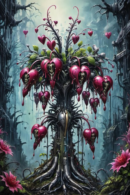 "cyber bleeding hearts",illustration in the style of [gris grimly|Clive Barker|H.R. Giger|Greg Rutkowski],sparks fear and imagination in the viewer,masterpiece,intricately detailed,awe inspiring,, Ultra-HD-details