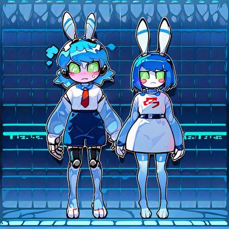 <lora:5:1.2> vibrant colors,  <lora:toybonnie:0.8> toyb, blue hair, short hair, colored skin, white skin, mechanical joints, mechanical hands, rabbit ears, green eyes, freckles, red neckwear, white shirt, blue sleeves, blue thighhighs, blue collar, blush stickers
