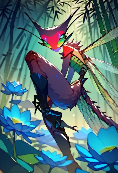 score_9, score_8_up, score_7_up, score_6_up, dark faerie, flying at night, beautiful face with insect eyes, heavy black boots, highly detailed, blue lotus blossom, bamboo, insect wings, monster boy, cyan and magenta, colored skin, soft fur