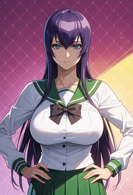 score_9, score_8_up, score_7_up, 1girl, looking at viewer, sunlight, abstract background, argyle background, rainbow, heart, upper body, close-up, portrait, 
<lora:Saeko_Busujima_Dwnsty_r1:0.8>, saeko_busujima, purple hair,  blue eyes, long hair, hair between eyes, school uniform, serafuku, green skirt, long skirt, pleated skirt, black bowtie,
lips, expressionless, large breasts, skindentation,  mature female, hands on own hips,