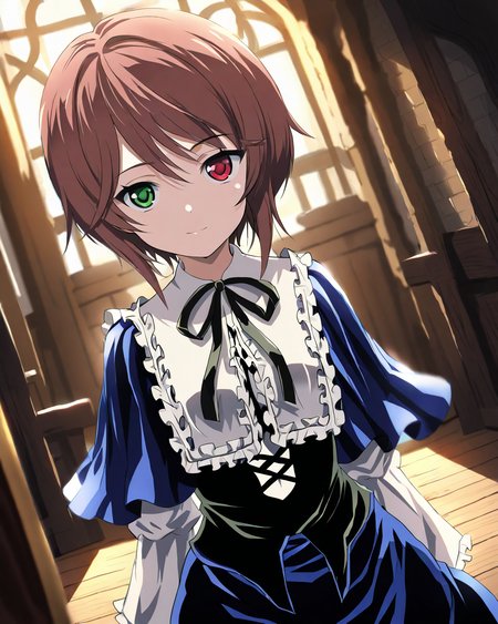 SouseisekiRozenMaiden,
1girl, solo, dutch angle,
hat, short hair, brown hair,
green eyes, heterochromia, red eyes,
light smile,
blue capret, white collar, neck ribbon, blue dress, 
room, medieval interior,
<lora:kp_SouseisekiRozenMaidenAnimagineXL_v1_0:1.0>,
BREAK
masterpiece, best quality, absurdres, 
ultra-detailed, moody lighting,
depth of field,