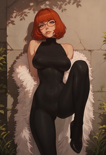 score_9, score_8_up, score_8. score_9, score_8_up, score_7_up, score_6_up, masterpiece, 4k, high quality, (best quality:1.1), cowboy shot, straight-on
1girl, solo, short red hair, bangs, green eyes, aviator glasses, large breasts, seductive smile, leaning back, looking at viewer, black latex bodysuit, black highheels, leaning against wall, leg up, pink feather boa over shoulders
BREAK
stone wall, grass, cobwebs