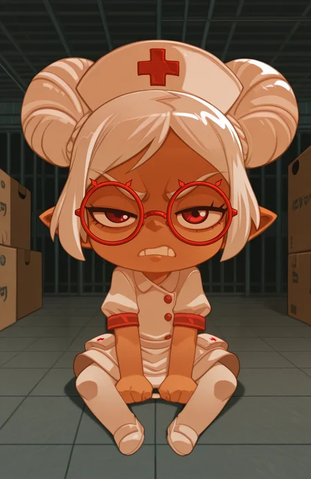 <lora:anatomy_helper:0.8> 1girl, solo, full body, <lora:Bleedman:1> bleedman,
<lora:LilPurah-IL:0.8> prhmini, red eyes, red-framed eyewear, red-framed eyewear, dark-skinned female, white hair, double bun, chibi, pointy ears, nurse, nurse outfit, white dress, white pantyhose, white nurse cap,
 warehouse, angry, rage, furious,  half-closed eye, v-shaped eyebrows, clenched teeth, shaded face,, solo, having coffee, sitting, looking at viewer,,, extremely detailed, highres, masterpiece, best quality