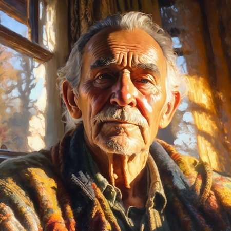 artmix05 close up old artist man by the window, warmer sunlight rays light on her face, very detailed  <lora:artmix05:1>