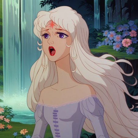 score_9, score_8_up, score_7_up,derpibooru_p_95,  source_anime, very aesthetic, anime screencap, anime coloring,  amalthea, ladyamalthea, lastunicorn, 1girl, solo, long hair, open mouth, long sleeves, dress, bare shoulders, purple eyes, collarbone, flower, white hair, outdoors, water, off shoulder, star (symbol), lips, makeup, facial mark, lipstick, nature, blue flower, forehead mark, red lips, waterfall