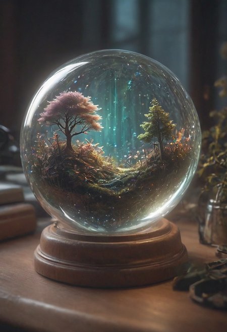 photography,(vibrant colors:0.8),
a fantastic landscape at night covered in magical plantlife, everthing contained in a glass sphere sitting on a desk, desk, 
(quantum waveform:0.7)