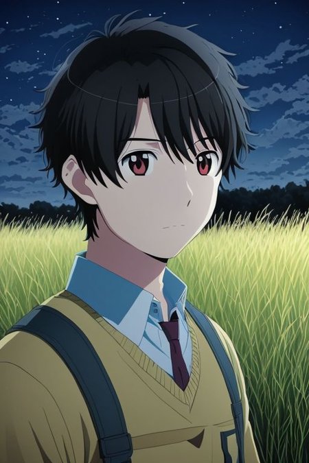 high resolution, solo, best quality, 1Boy, Portrait, Inaho Kaizuka, Black Hair, grass, middle night, sky night,