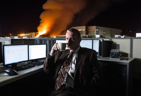 photograph of a sys admin sipping a cup of coffee, watching camera, while data center is burning in background