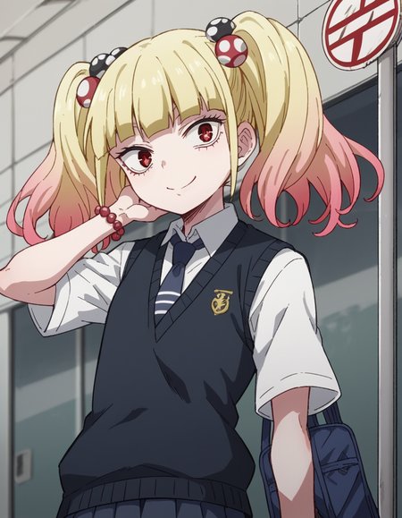 score_9, score_8_up, score_7_up, source_anime, <lora:yuria-niguredou-s1-ponyxl-lora-nochekaiser_r1:1>, yuria niguredou, bangs, blonde hair, hair ornament, red eyes, twintails, pink hair, multicolored hair, gradient hair,, skirt, shirt, jewelry, school uniform, pleated skirt, necktie, bracelet, sweater vest, beads,, bus stop, waiting, commuter, smartphone, checking time, cold morning, smile, looking at viewer, hand behind head, , solo,, dutch angle, cowboy shot