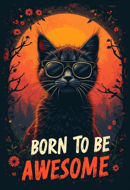 Vector t-shirt design Vintage retro sunset distressed black style design, a cute cat wearing sunglasses, with text âBORN TO BE AWESOMEâ, typography, graffiti, 3d render, 4k