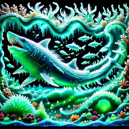 embedding:lazympos a slime-morphed shark gliding through a gelatinous ocean, teeth made of jagged ice-like slime, schools of translucent fish, coral reefs pulsing with light, sl1m3d, slime-morph, underwater glow <lora:Slime_Morph_V4:1.0000000000000002> <lora:TrendCraft_The_Peoples_Style_Detailer-v2.1A-3_12_2025-SDXL:0.20000000000000004>