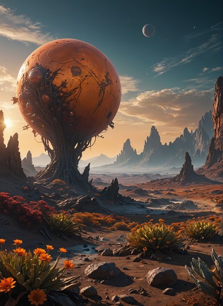 futuristic landscape, alien planet, strange flora, twin suns, vibrant skies, exploration, sci-fi setting, detailed environment 
,Ultra realistic, professional photo, uhd, 8k, studio light
<lora:add-detail-xl:1>
<lora:CinematicStyle_v1:0.7>
<lora:SDXLFaeTastic2400:0.25>