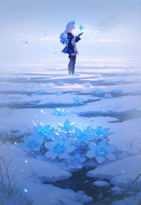 masterpiece, best quality, newest, absurdres, highres, 748cmstyle,
field of ice flowers, freezing hail, (particles, snow, low light, fog:1.2), snow storm, herrsher of ice /honkai impact 3rd/, coalescing a swirl of flower petals in hand, one hand up, frozen tears,excellent quality, high resolution, masterpiece, best quality, depth of field, light particles