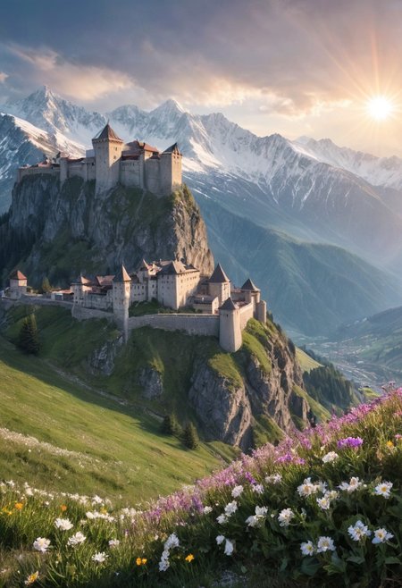 alpine landscape, gloomy old fortress on the slopes of the mountains, flowers and sun, snow-capped mountain peaks in the background, pastoral, detailed drawing, liner, backlight, delicate colors.