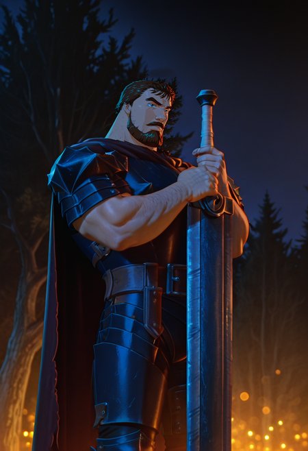 anime artwork masterpiece, best quality, absurdres  battle, nature, tree, smog, <lora:noobai_vpred_1_masterpieces_v23:0.7> masterpiece, best quality, very aesthetic <lora:DarkerThanBlackIllustrious:0.5> night <lora:NOOB_vp1_detailer_by_volnovik_v1:1> <lora:DragonSlayerSword-Il.V1.0:0.7> DragonSlayerSword-Il.V1.0, wielding-dragonslayer, , huge weapon, sword, holding sword, holding weapon <lora:BerserkILLUSTRIOUS:0.7> berserk, Guts_Armor, black armor,  leg armor, black pants, torn cape, tanned skin, berserk, black background, hands up, <lora:iluha:0.8> iluha, 1boy, male focus, beard, brown hair, solo, facial hair, blue eyes, mustache, short hair, thick eyebrows . anime style, key visual, vibrant, studio anime, highly detailed