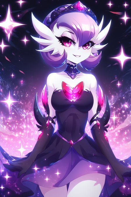 score_9, score_8_up, score_8, medium breasts, (curvy), cute, eyelashes,       BREAK, , zzshinygardevoir, purple hair, dress, bare shoulders, medium breasts, standing, collarbone, black dress, gloves, elbow gloves, strapless dress <lora:Shiny_Mega_Gardevoir_PDXL:1.0>,    , BREAK, smile, looking at viewer, cowboy shot, ,,, embedding:zPDXL, Expressiveh, ,,, <lora:PrismaIllya_PDXL_v3:1.0>, <lora:SDXLFaeTastic2400:0.5>, <lora:Expressive_H-000001:0.4>,