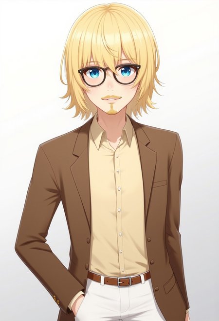 1boy, blonde hair, medium hair, blunt bangs, glasses, blue eyes, goatee, brown jacket, blazer, collared shirt, beige shirt, brown belt, white pants