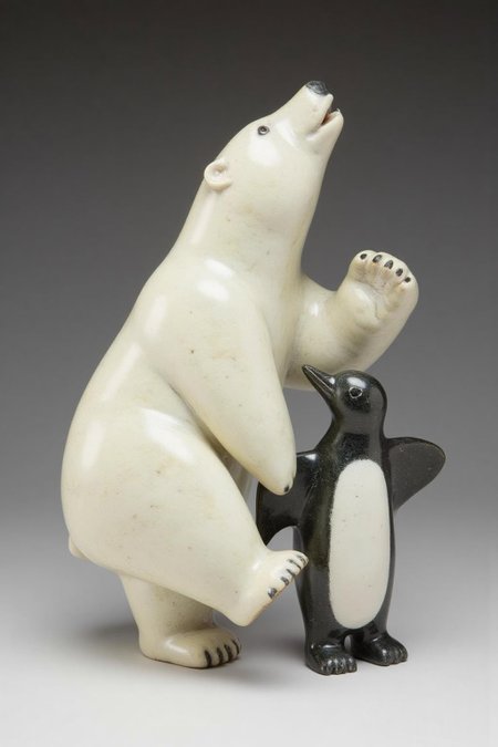 sculpture of  a polar bear daning with a penguin <lora:inuit_cap_d6a3e12:0.9><lora:821716828436033497:0>