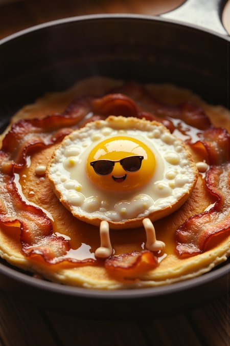 Analog photo, Kodak Ektachrome 100 vibe, macro close-up aerial view, a smiling fried egg with tiny legs and sunglasses, dancing on a skillet-shaped stage made of pancakes, while sizzling bacon strips groove in the background, inspired by Adventure Time and Lisa Frank, maple syrup rivers flowing around the stage, vibrant tones, cinematic morning sunlight with glossy breakfast textures, fun and quirky.<lora:aidmaMJ6.1-FLUX-V0.1:0.6><lora:Movie_Portrait><lora:Flux DetailerV2>
