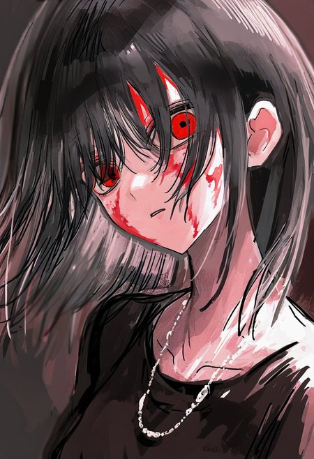 1girl, solo, black hair, red eyes, looking at viewer, blood on face, blood, shirt, bangs, upper body, necklace, jewelry, parted lips, black shirt, sketch, medium hair <lora:shiunXL_NB11_lokr_V6311P:0.95>