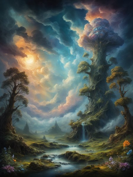 oil painting , Create a picture of the land of fairies, a magical world full of mysticism and beauty,
dramatic clouds, gloomy, mysterious, hazy, dusty, mystical, mysterious, gloomy, hazy, dusty, dramatic light,
34K uhd, masterpiece, high detail, 8k, intricate, detailed, high resolution, high res, high quality, <lora:add-detail-xl:1.8>, highly detailed, Extremely high-resolution details, fine texture,