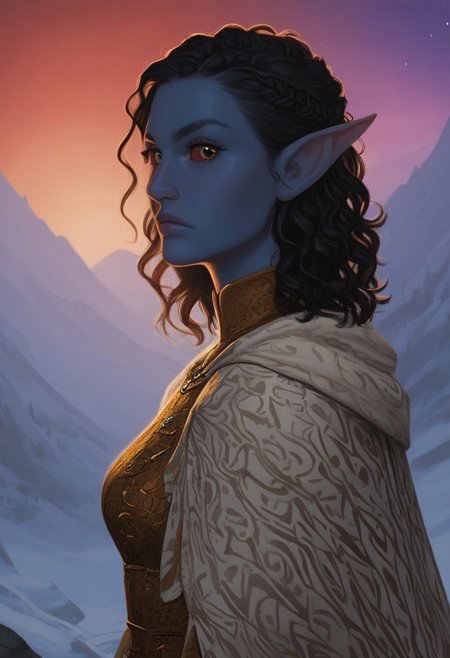 solo, medium pointy ears, nord woman, random elf face, Iraqi features, dark elf, animated realism, torso, tundra, watchtower, tents, distant pine trees, grey-blue skin, scarlet and gold clothes, red sclera, black pupils, stream, distant mountains, aurora, night sky, blue-green light, neon,  stars, highly detailed, defined features, looking at viewer, three quarters view, from side, dynamic lighting, 36 years old, light and shadows, black and silver clothes, dusk, paisley doublet, determined expression, expressive eyes, detailed medieval clothes, medium_breasts, medium hair, wavy hair, thick hair, braided hair, under cut hair, semirealistic, alien elf, spanish features, jewish features, black hair, dark red hair, umber skin, sharp features, linen cloak, nighttime, high detail, absurdres, pretty eyes, detailed eyes, yellow eyes,