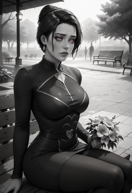 High details, LuT_RBR, expressiveh, easynegative, EnD_CGI Style, detailed eyes, ultra realistic, (masterpiece, detailed:1.2), high detailed skin, high quality, score_9, score_8_up, score_7_up, score_6_up, score_5_up, score_4_up, uncensored, BREAK
Assumi mourning on a bench,
1girl, solo, Assumi, curvy, (pink eyes:1.4), looking down, black eyeliner, sad face, head down running makeup, crying, purple lipstick, red hair, short hair, single hair bun, red earrings jewelry, heart shaped earrings, (mourning outfit:1.5), black outfit, lace trim, (holding rose bouquet:1.2), (faded flowers:1.6), sitting on bench, wet, wet hair,
Public park, bench, autumn season, falling leaves,
Natural lighting, soft lighting, soft shadows, stormy weather, (black and white:1.8), raining, rain, heavy rain,
