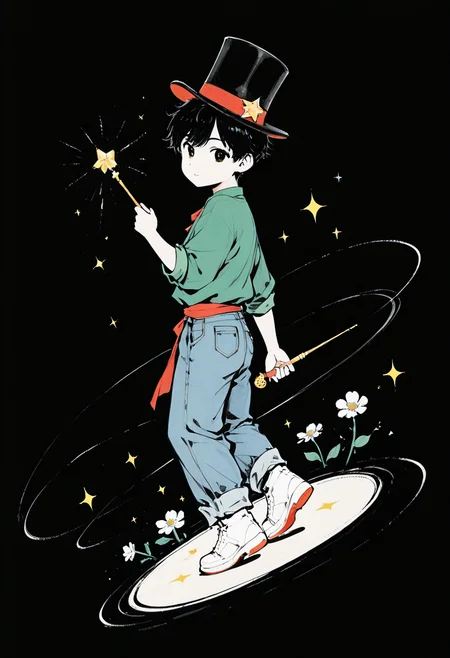 1boy, solo, young boy, looking at viewer, green shirt, jeans, short hair, 20-yo boy, chibi, hand up, spinning, white footwear, top hat, holding wand, from side, sparkle, darkness, high contrast, heart, star \(symbol\), pedals, falling pedals, flower,  black hair,
BREAK
best quality, masterpiece, very aesthetic, absurdres, highest detailed, very awa, detailed background, <lora:Ink_wash_painting_style_v2.0:0.8>