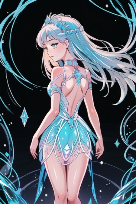 ((full body no pose))  The girl's crystalline dress sparkles in the sunlight, reflecting a myriad of colors like a kaleidoscope. The skirt cascades down in layers of shimmering crystals, each one catching the light and casting prismatic rainbows across the ground as she moves. The bodice is adorned with intricate crystal patterns that twist and intertwine like vines, wrapping around her torso in an elegant display of craftsmanship.
Her hair is a waterfall of lustrous silver strands, cascading down her back in gentle waves. Interspersed throughout are delicate crystal beads that glimmer like stars in the night sky, adding a celestial touch to her ethereal appearance. A crystal tiara adorns her head, its facets catching the light and casting tiny rainbows across her face.
Her eyes are a mesmerizing shade of ice blue, the same color as the crystals that make up her dress. They seem to hold a depth of wisdom and knowledge, hinting at a mysterious past obscured by the veil of time. As she walks, she moves with a grace and poise that belies her otherworldly beauty, the crystalline dress whispering softly with each step as if it holds secrets of its own