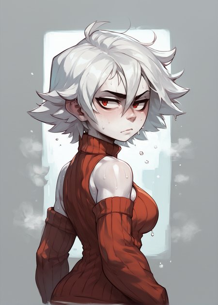 white skins, spiky red short tomboy hair, neutral expression, tight sweater, <lora:NAHIRI:1> nahiri, 1girl, solo, short hair, breasts, bare shoulders, white hair, colored skin, side boob, sweaty, underbob  <lora:Huffslove_Style_PonyXL:1> shortstack, source_anime, score_9_up,  score_7_up, score_8_up
