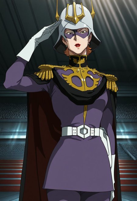 masterpiece, best quality, good quality, <lora:GOKycilia:1>, GOKycilia, 1girl, solo, orange hair, red eyes, lipstick, earrings, helmet, mask,
purple zeon military uniform, white belt, cape, capelet, white gloves,
looking at viewer, light rays, salute, 
BREAK indoors, auditorium,