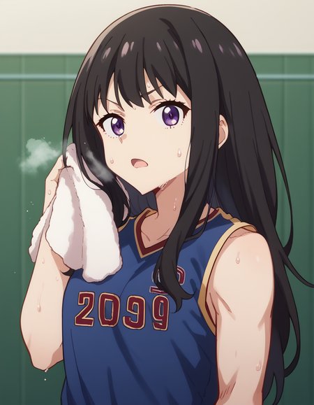 score_9, score_8_up, score_7_up, source_anime, <lora:takina-inoue-s1-ponyxl-lora-nochekaiser:1>, inoue takina, long hair, bangs, black hair, purple eyes, <lora:basketball-uniform-ponyxl-lora-nochekaiser:1> basketball uniform, basketball jersery, sportswear, jersey, shorts, sleeveless,, audience, gym, sweat, open mouth, steam, <lora:wiping-towel-ponyxl-lora-nochekaiser:1> wiping sweat, towel, holding, sweat, holding towel, looking at viewer, open mouth,, cowboy shot,