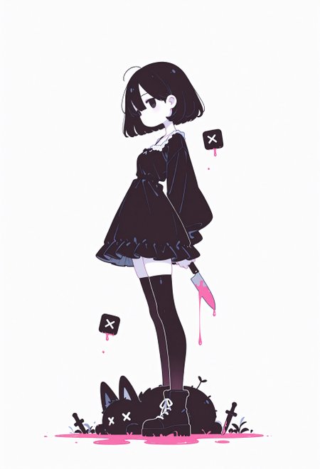 incredibly absurdres, highres, masterpiece, newest,best quality, very aesthetic, absurdres, newest, 8k, HDR, focused subject, oc-chan_(ketopon), 1girl, solo, black hair, bob cut, hair between eyes, black eyes, solid eyes, expressionless, standing, head down, from side, profile, foreshortening, looking at viewer, arms behind back, pale skin, goth fashion, frilled dress, square neckline, black thighhighs, zettai ryouiki, ankle boots, stuffed animal, knife stuck in animal, x x, dead animal, death, pink blood puddle, full body, monochrome, solid white background, no lineart, no outline,minimalism, blending, 15546+456868, r17329_illu,flatline,sometyome_illu,