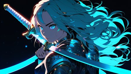 sword focus, masterpiece, best quality, 1girl, solo, futuristic, holding sword, intricate, over the shoulder, looking at viewer, black background, simple background, glow in the dark, sci-fi, multicolored hair, aqua eyes, warrior
