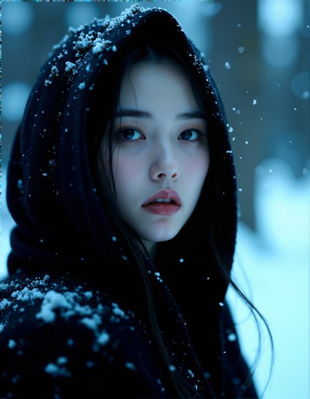 Photorealistic close-up of a mysterious woman in a dark, snow-dusted cloak, her pale skin and pink lips standing out against the cold, wintry background, with her eyes reflecting the soft light of the snow-covered landscape



cinematic lighting, extremely intricate detail character, accurate depiction of character, correct body anatomy, correct hands and fingers, extremely intricate skin and facial skin texture detail, lifelike potrayal, extremely realistic lighting, extreme dynamic pose. Extremely sharp detail without blurring













