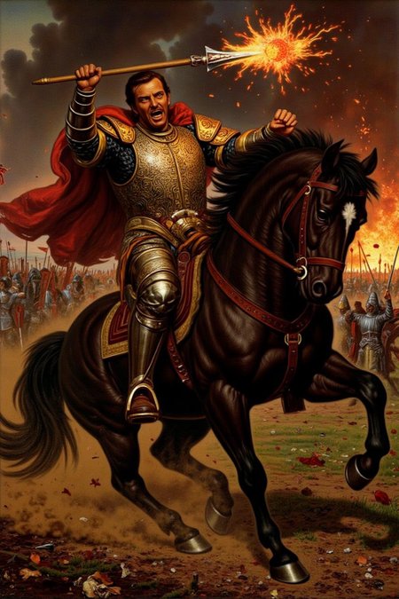 williamhhunt1 painting. 
A highly detailed and dynamic fantasy painting of a fierce warrior charging into battle on a powerful black horse. The warrior is clad in intricate, ornate armor with gold and red accents, wielding a flaming spear in one hand. His face is expressive with rage and determination, his eyes glowing red. The horse is armored, rearing up amidst a storm of dust, sparks, and debris. The background is chaotic with the suggestion of a fiery battlefield and distant silhouettes of warriors. The overall atmosphere is intense and dramatic, with vibrant colors and a sense of motion and energy. Painted in the style of classical epic battle art with vivid realism and texture  <lora:williamhhunt1_cap_d6a3e9:1.0><lora:838089024724802822:0>