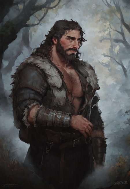 (score_9, score_8_up:1.1), score_7_up, waist-up portrait, masterpiece, semirealistic, gwentstyle,
...
fantasy style, Viking Style, Norse, Nordic, ... 1man, human, adult, mature, (mid-40s), druid, muscular male, male focus, solo, (IfanBM, mature male, tan skin, Miguel_Ohara, bara), ((aquiline nose, broken nose, Nose bridge, Hooked nose)), (freckled face), (tanned skin), ((long hair, dark-brown hair with grey streaks, wavy hair, back-length hair)), (((grey streaks in hair))), ((short beard, grey streaks)), (greying), (aging), (bright green eyes), (broad shoulders, wide torso), (tall, toned), (daddy vibes, bara), (hairy chest, hairy forearms), (Viking Style, fantasy style, Dark Navy Blue Viking Robe, Bronze Trim, Sleeves Rolled-Up to Elbows, Black Pants), Belt, Pants, ... (Magical Forest Background, detailed background, artistic and intricate background), (3-frame sketch), raw lighting, overexposed, harsh flash, volumetric lighting, cinematic lighting, aesthetic design, dramatic angle, dramatic framing, cinematic framing, posing at an angle, dynamic pose
...
(Magical Forest Background, detailed background, artistic and intricate background)
...
<lora:add-detail-xl:1.5>, 