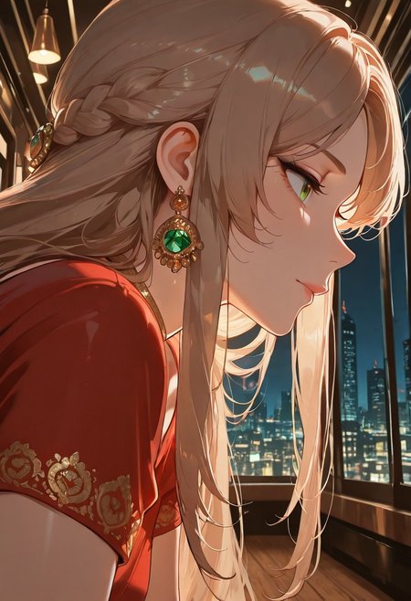 best quality, masterpiece, ultra-HD, cinematic lighting,aesthetic,i1d2sa2re,red saree,1 girl,30 years old,beautiful,solo,adult,looking at away,emerald color eyes,eyes detailed,light brown long hair,no bangs,short sleeve, jewellry, ornaments,nacklace,BREAK,in upscale restaurant,standing beside floor-to-ceiling windows,high-rise,night city background,((mouth focus, close up,side profile))