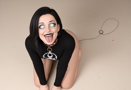 core_9, score_8_up, score_7_up, 1girl,  24 kneeling, pendulum in front of goth woman’s face, goth girl staring up at pendulum, panting like dog, tongue out, silly expression, stupid smile, dumb smile, mindless smile, leash, puppy play, drool, head being stepped on, spiral eyes black mid drift shirt, on hands and knees looking up at pendulum, hypnotized, hypnotism, pet play