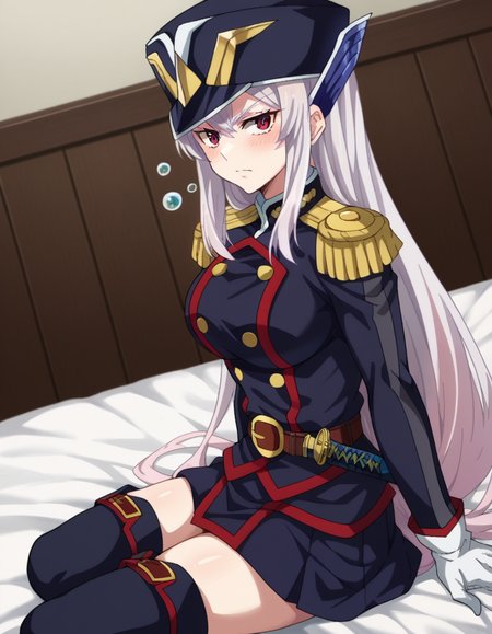 score_9, score_8_up, score_7_up, source_anime,
kyoukauzen, <lora:kyouka-uzen-s1-ponyxl-lora-nochekaiser:1>
kyouka uzen, long hair, red eyes, very long hair, white hair,
thighhighs, gloves, hat, boots, belt, sword, uniform, zettai ryouiki, military, military uniform, thigh boots, shako cap,
indoors, bed, bed room, on side, blush, drunk,
looking at viewer, cowboy shot, dutch angle, solo,
