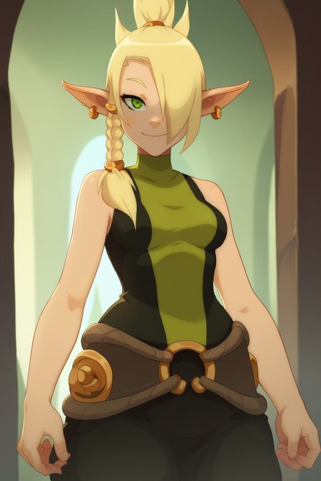 Score_9, score_8_up, score_7_up,   <lora:Cléophée:0.9> Cleophee, 1girl, solo, long hair, blonde hair, jewelry, green eyes, braid, earrings, pointy ears, belt, hair over one eye, cowboy shot, smile, looking at viewer, breasts
